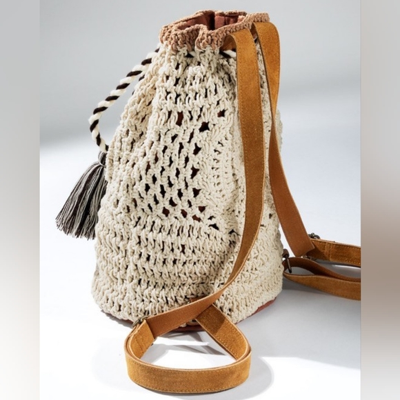 Handmade Crocheted Boho Backpack - Bucket Style - Cloth Backed Leather Straps - Picture 5 of 11